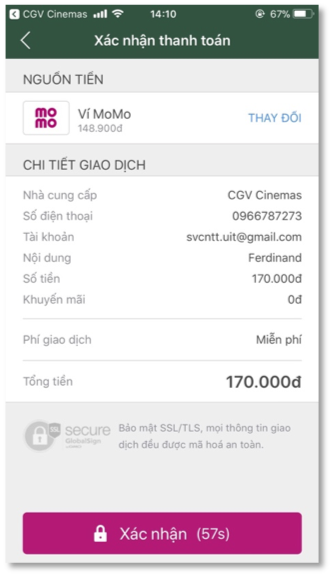 Màn hình xác nhận thanh toán MoMo