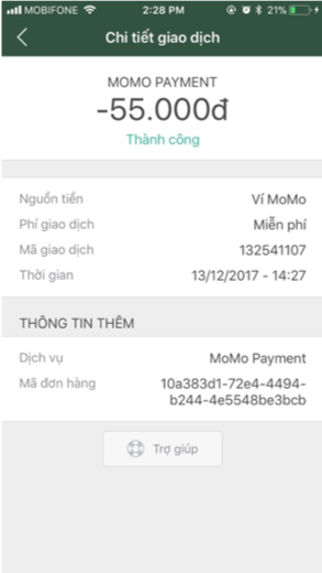 Màn hình kết quả giao dịch